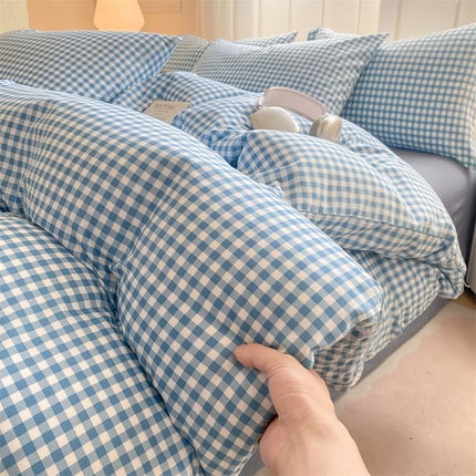 慕木家纺 2025新品A类条纹简约无印风水洗棉床单款四件套条纹格系列（抽空压缩可跨境提供买家秀） 简蓝小格+海青