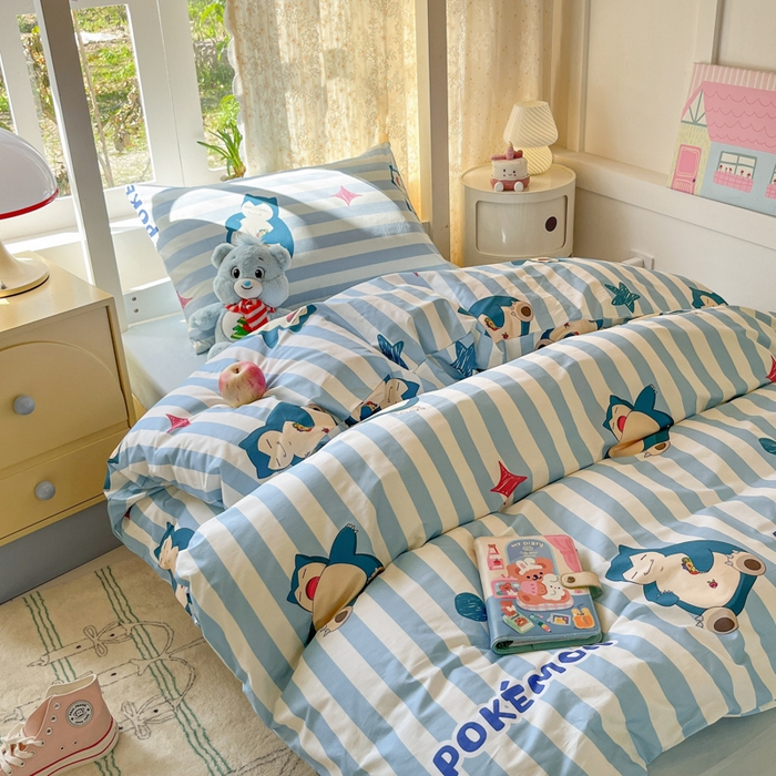 91家纺网 家纺一手货源 找家纺 金爱家 2025新款宝可梦正版授权纯棉卡通皮卡丘学生宿舍三件套四件套系列 棉宝可梦-蓝条卡比兽