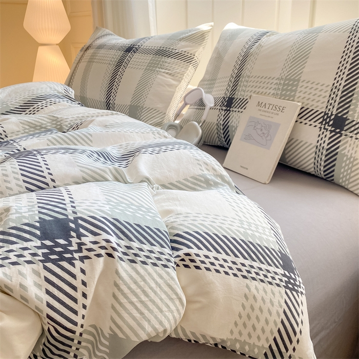 91家纺网 家纺一手货源 找家纺 慕木家纺 2025新品A类条纹简约无印风水洗棉床单款四件套条纹格系列（抽空压缩可跨境提供买家秀） 几何简格+中灰