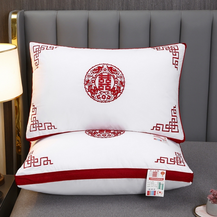 91家纺网 家纺一手货源 找家纺 （总）珍贝家纺 2025新款全棉婚庆刺绣枕芯枕头-红双喜 枕头枕芯