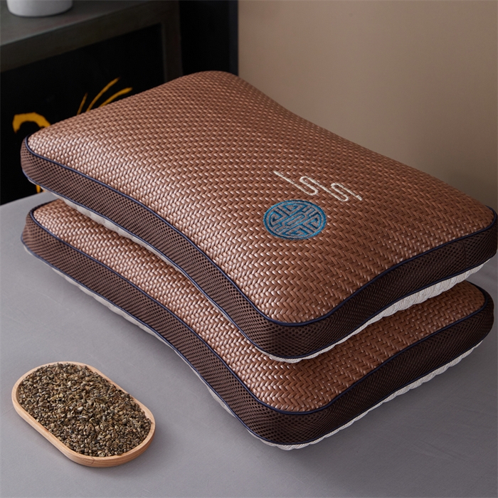 91家纺网 家纺一手货源 找家纺 织布人 2025春夏新款荞麦枕夏季冰丝凉感PE藤夏凉枕茶叶枕成人家用颈椎枕硬枕单枕芯 立体PE藤双面枕-福临门【茶香枕】