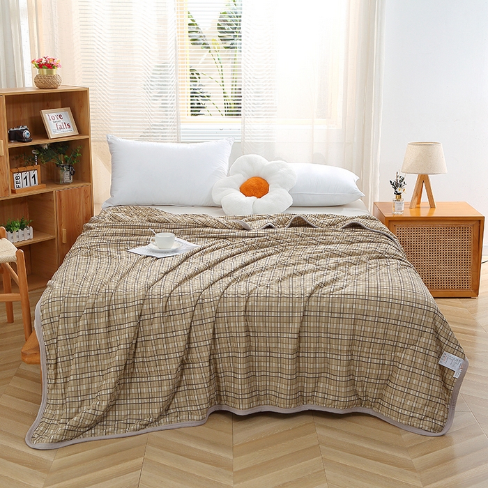 贝兰仙奴 2025春夏新款针织棉格子印花夏被夏凉被空调被 贝格黄