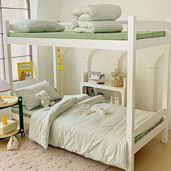 91家纺网 家纺一手货源 找家纺 港岛妹妹 2025新款宿舍学生三件套 小格浅绿