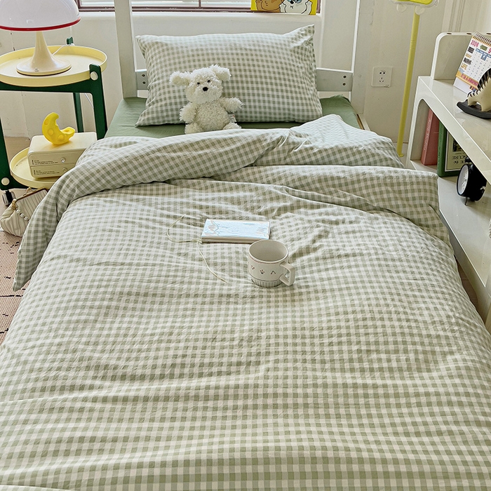 91家纺网 家纺一手货源 找家纺 港岛妹妹 2025新款宿舍学生三件套 小格浅绿