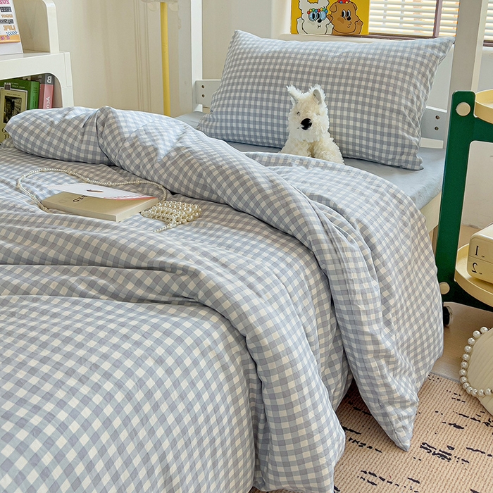 91家纺网 家纺一手货源 找家纺 港岛妹妹 2025新款宿舍学生三件套 小格浅蓝