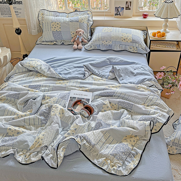 91家纺网 家纺一手货源 找家纺 仟网汇 2025新款云感赫本风皱皱纱夏被四件套 赫本-百福蓝