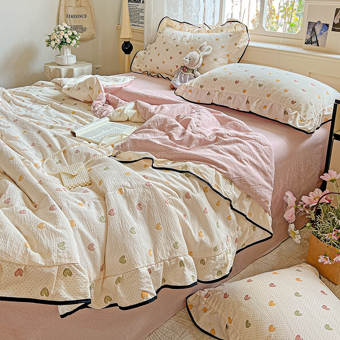 91家纺网 家纺一手货源 找家纺 仟网汇 2025新款云感赫本风皱皱纱夏被四件套 赫本-爱心