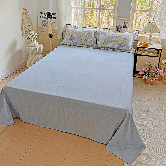 91家纺网 家纺一手货源 找家纺 仟网汇 2025新款云感赫本风皱皱纱夏被四件套 赫本-百福蓝