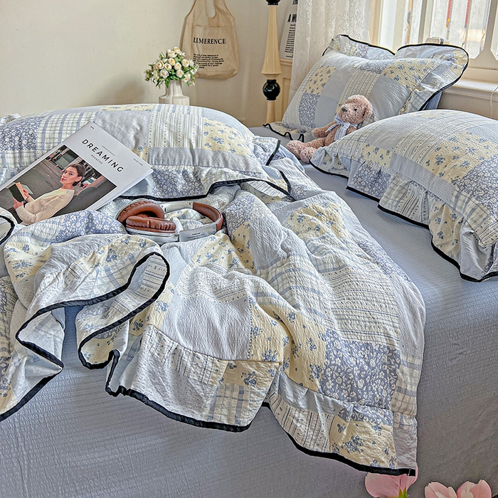 91家纺网 家纺一手货源 找家纺 仟网汇 2025新款云感赫本风皱皱纱夏被四件套 赫本-百福蓝