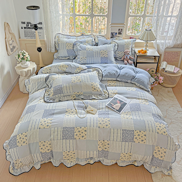 91家纺网 家纺一手货源 找家纺 仟网汇 2025新款云感赫本风皱皱纱夏被四件套 赫本-百福蓝