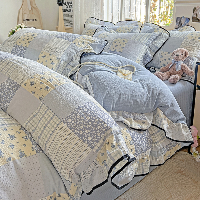 91家纺网 家纺一手货源 找家纺 仟网汇 2025新款云感赫本风皱皱纱夏被四件套 赫本-百福蓝