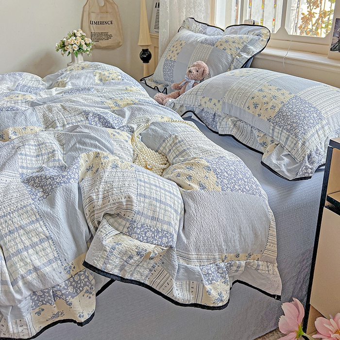 91家纺网 家纺一手货源 找家纺 仟网汇 2025新款云感赫本风皱皱纱夏被四件套 赫本-百福蓝