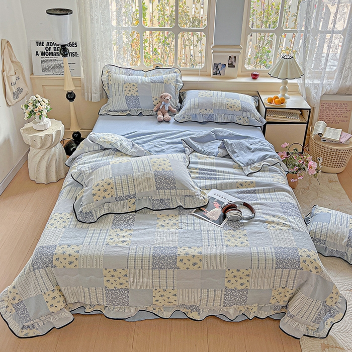 91家纺网 家纺一手货源 找家纺 仟网汇 2025新款云感赫本风皱皱纱夏被四件套 赫本-百福蓝