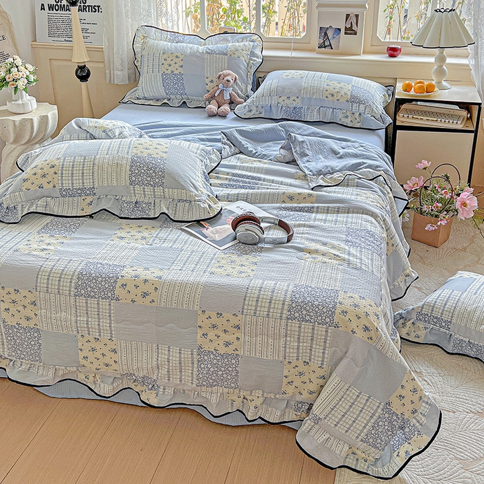 91家纺网 家纺一手货源 找家纺 仟网汇 2025新款云感赫本风皱皱纱夏被四件套 赫本-百福蓝