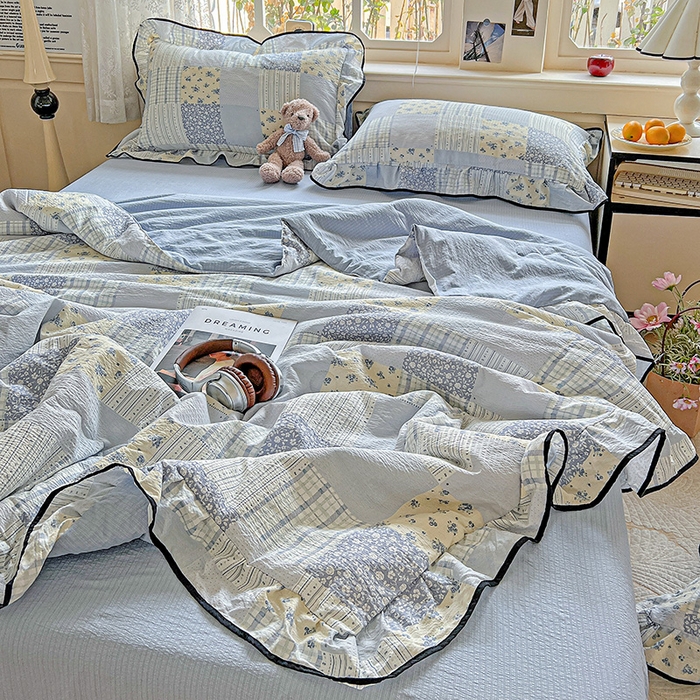 91家纺网 家纺一手货源 找家纺 仟网汇 2025新款云感赫本风皱皱纱夏被四件套 赫本-百福蓝