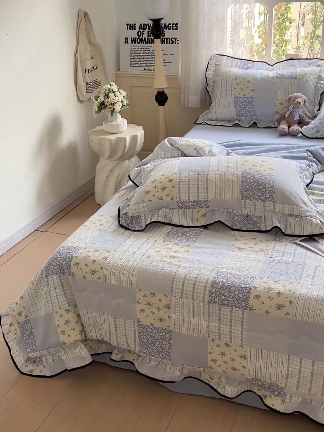 91家纺网 家纺一手货源 找家纺 仟网汇 2025新款云感赫本风皱皱纱夏被四件套 赫本-百福蓝