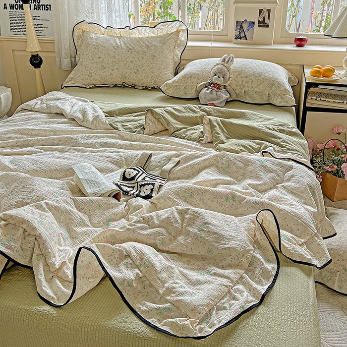 仟网汇 2025新款云感赫本风皱皱纱夏被四件套 赫本-薄荷绿