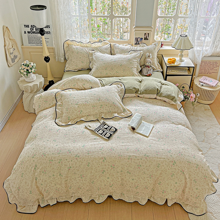 91家纺网 家纺一手货源 找家纺 仟网汇 2025新款云感赫本风皱皱纱夏被四件套 赫本-薄荷绿