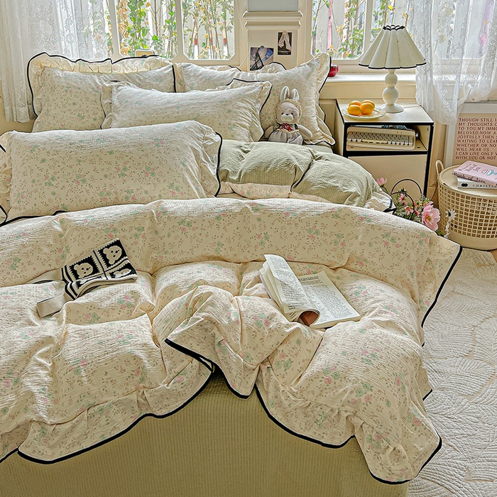 91家纺网 家纺一手货源 找家纺 仟网汇 2025新款云感赫本风皱皱纱夏被四件套 赫本-薄荷绿