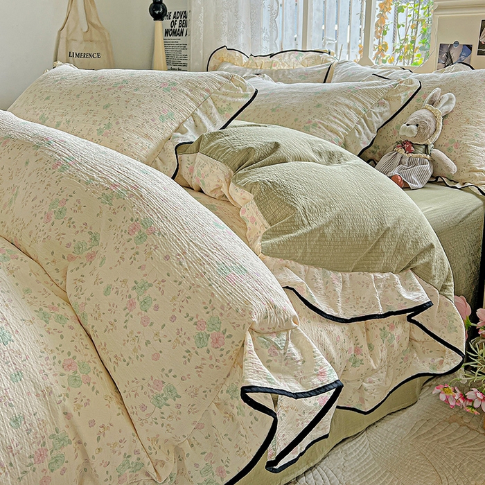 91家纺网 家纺一手货源 找家纺 仟网汇 2025新款云感赫本风皱皱纱夏被四件套 赫本-薄荷绿