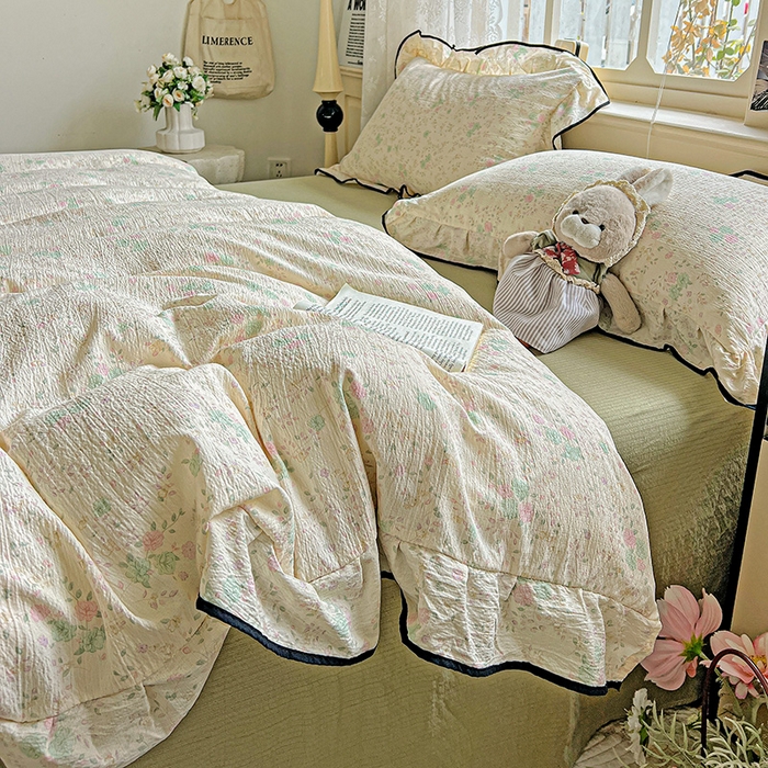 91家纺网 家纺一手货源 找家纺 仟网汇 2025新款云感赫本风皱皱纱夏被四件套 赫本-薄荷绿