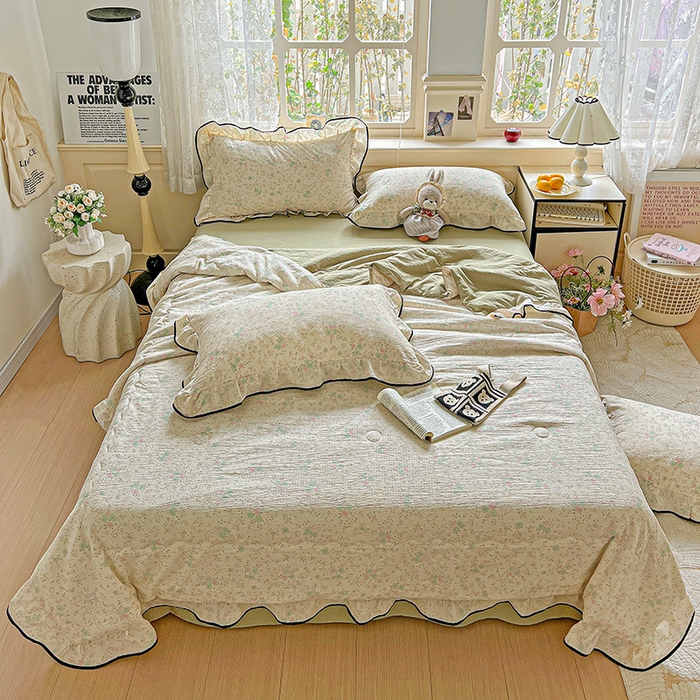 91家纺网 家纺一手货源 找家纺 仟网汇 2025新款云感赫本风皱皱纱夏被四件套 赫本-薄荷绿