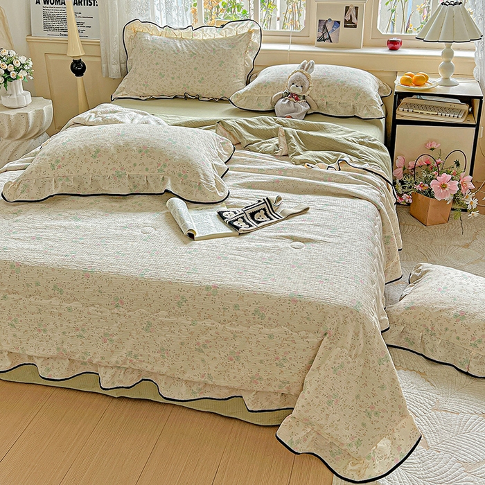 91家纺网 家纺一手货源 找家纺 仟网汇 2025新款云感赫本风皱皱纱夏被四件套 赫本-薄荷绿