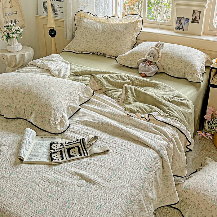 91家纺网 家纺一手货源 找家纺 仟网汇 2025新款云感赫本风皱皱纱夏被四件套 赫本-薄荷绿