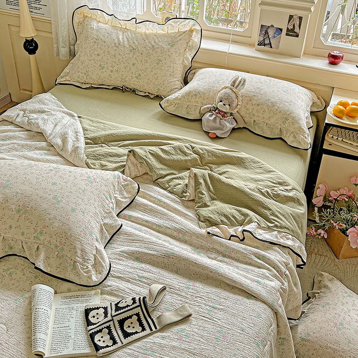 91家纺网 家纺一手货源 找家纺 仟网汇 2025新款云感赫本风皱皱纱夏被四件套 赫本-薄荷绿