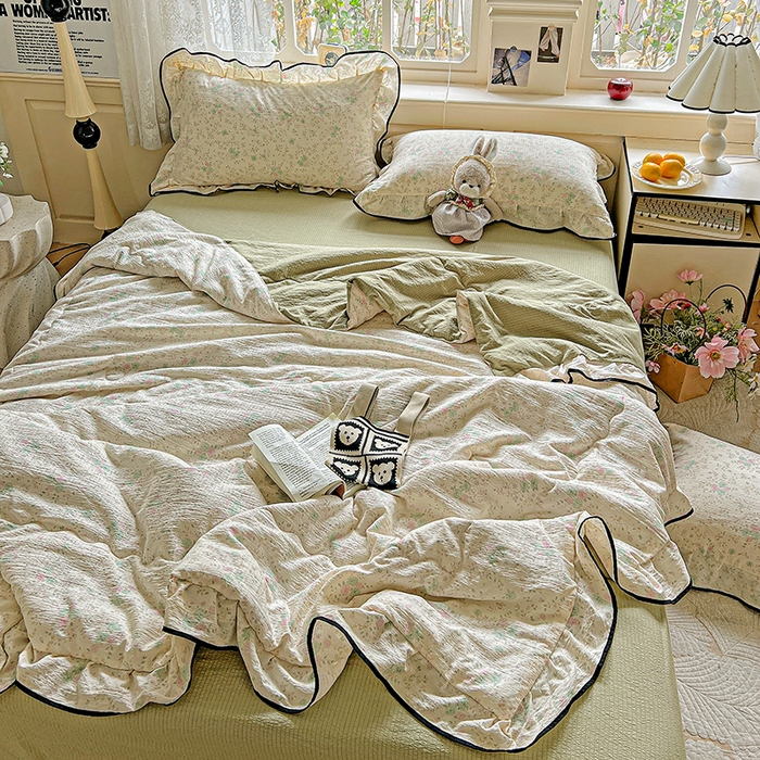 91家纺网 家纺一手货源 找家纺 仟网汇 2025新款云感赫本风皱皱纱夏被四件套 赫本-薄荷绿