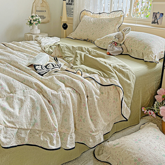 91家纺网 家纺一手货源 找家纺 仟网汇 2025新款云感赫本风皱皱纱夏被四件套 赫本-薄荷绿