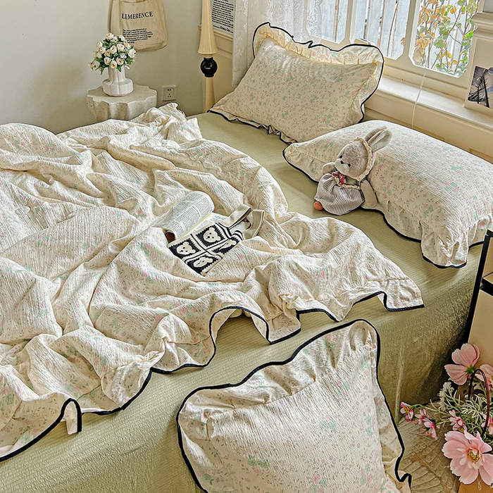 91家纺网 家纺一手货源 找家纺 仟网汇 2025新款云感赫本风皱皱纱夏被四件套 赫本-薄荷绿