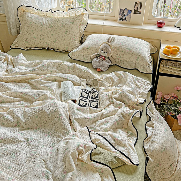 91家纺网 家纺一手货源 找家纺 仟网汇 2025新款云感赫本风皱皱纱夏被四件套 赫本-薄荷绿