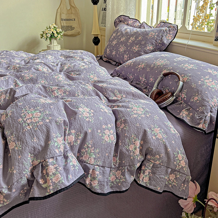 91家纺网 家纺一手货源 找家纺 仟网汇 2025新款云感赫本风皱皱纱夏被四件套 赫本-豆蔻紫