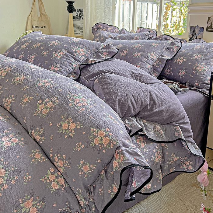 91家纺网 家纺一手货源 找家纺 仟网汇 2025新款云感赫本风皱皱纱夏被四件套 赫本-豆蔻紫