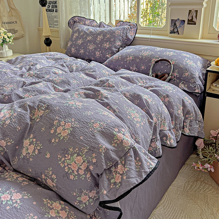 91家纺网 家纺一手货源 找家纺 仟网汇 2025新款云感赫本风皱皱纱夏被四件套 赫本-豆蔻紫