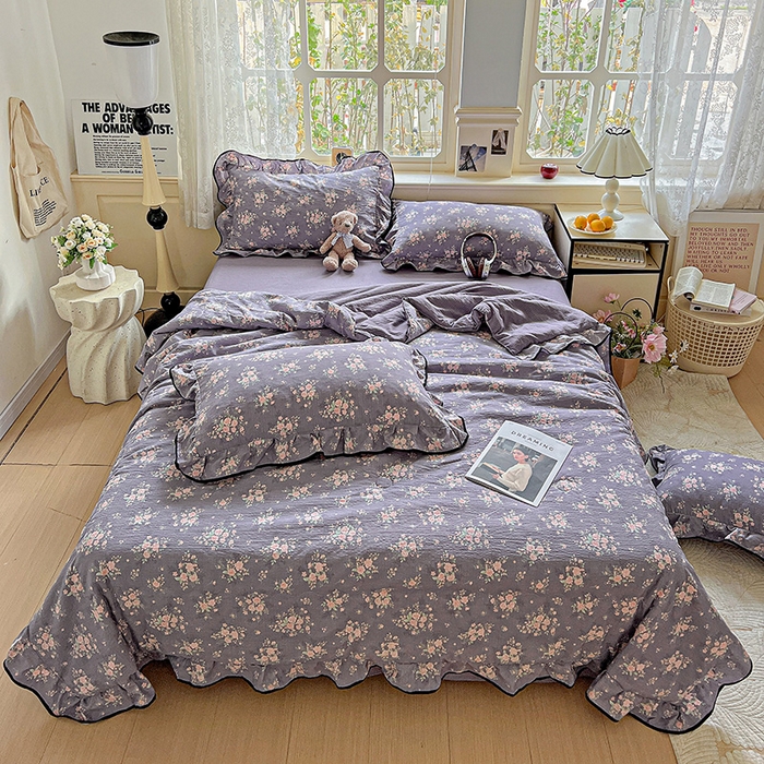 91家纺网 家纺一手货源 找家纺 仟网汇 2025新款云感赫本风皱皱纱夏被四件套 赫本-豆蔻紫