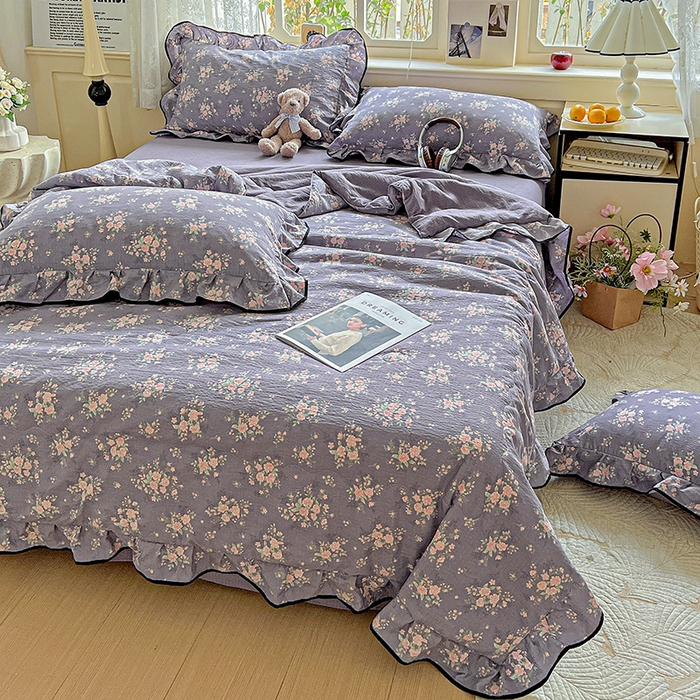 91家纺网 家纺一手货源 找家纺 仟网汇 2025新款云感赫本风皱皱纱夏被四件套 赫本-豆蔻紫