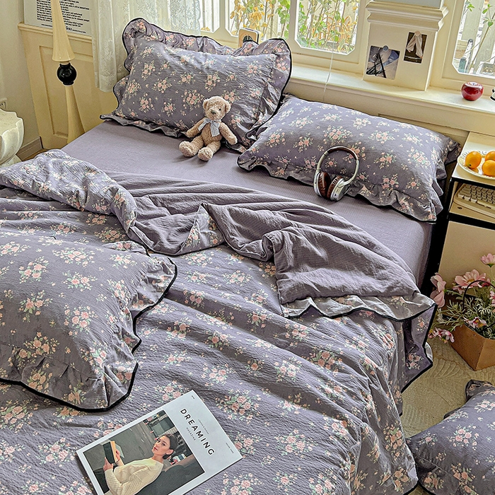 91家纺网 家纺一手货源 找家纺 仟网汇 2025新款云感赫本风皱皱纱夏被四件套 赫本-豆蔻紫