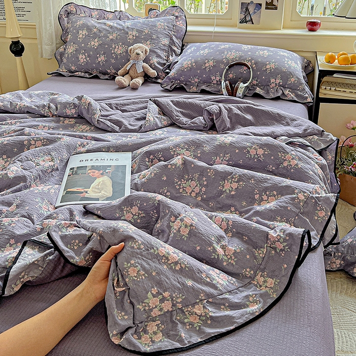 91家纺网 家纺一手货源 找家纺 仟网汇 2025新款云感赫本风皱皱纱夏被四件套 赫本-豆蔻紫