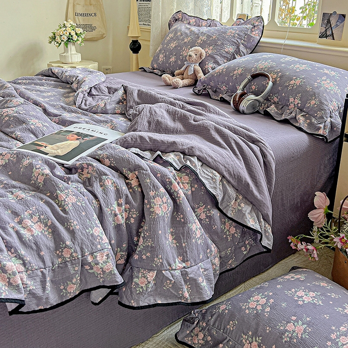 91家纺网 家纺一手货源 找家纺 仟网汇 2025新款云感赫本风皱皱纱夏被四件套 赫本-豆蔻紫