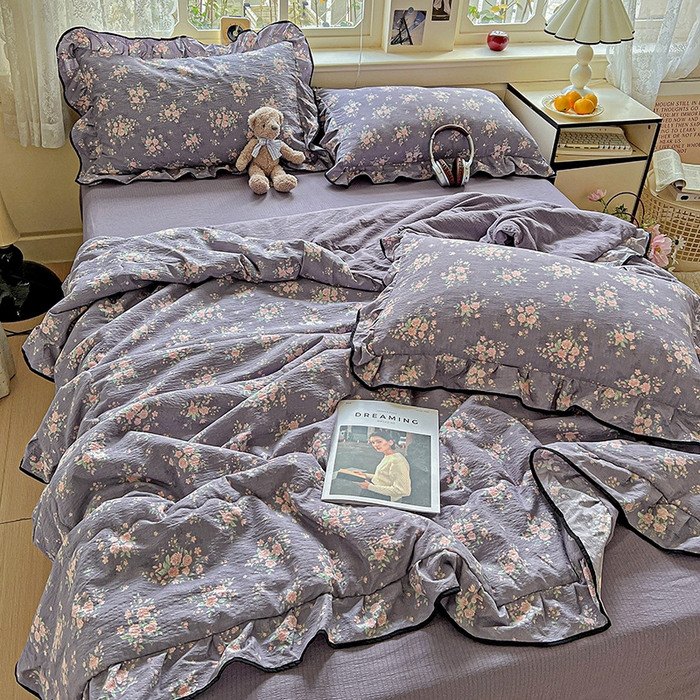 91家纺网 家纺一手货源 找家纺 仟网汇 2025新款云感赫本风皱皱纱夏被四件套 赫本-豆蔻紫