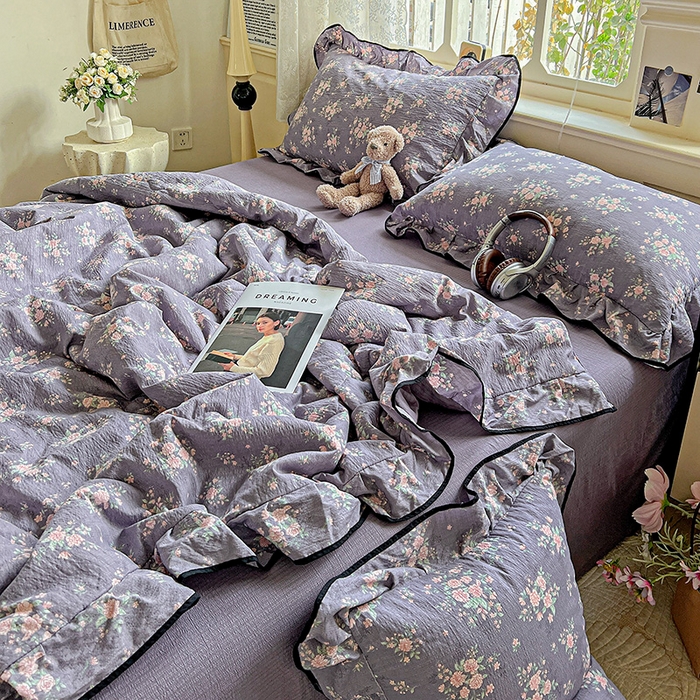 91家纺网 家纺一手货源 找家纺 仟网汇 2025新款云感赫本风皱皱纱夏被四件套 赫本-豆蔻紫