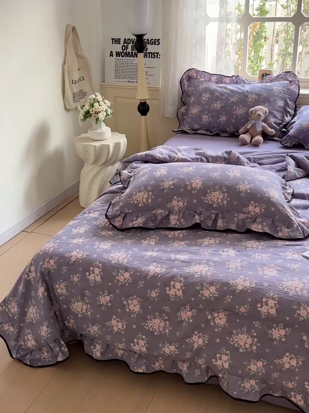 91家纺网 家纺一手货源 找家纺 仟网汇 2025新款云感赫本风皱皱纱夏被四件套 赫本-豆蔻紫