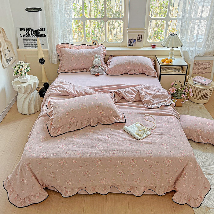 91家纺网 家纺一手货源 找家纺 仟网汇 2025新款云感赫本风皱皱纱夏被四件套 赫本-粉蒂