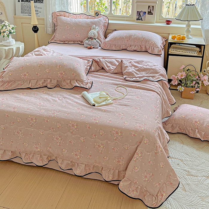 91家纺网 家纺一手货源 找家纺 仟网汇 2025新款云感赫本风皱皱纱夏被四件套 赫本-粉蒂