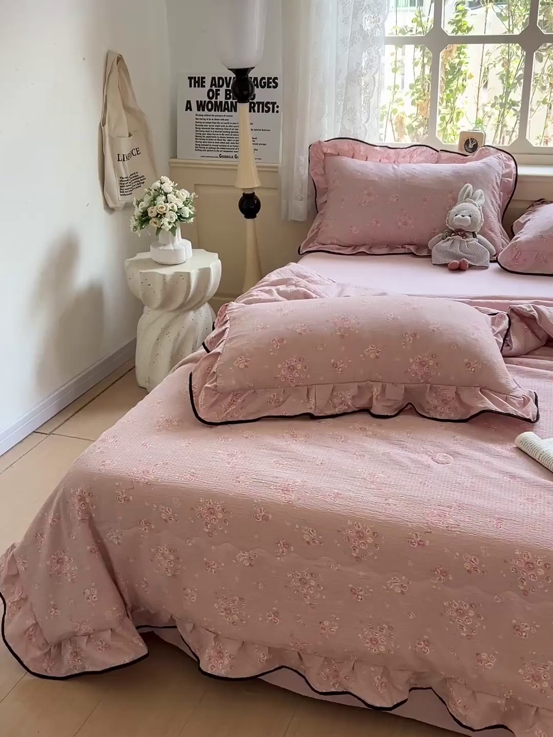91家纺网 家纺一手货源 找家纺 仟网汇 2025新款云感赫本风皱皱纱夏被四件套 赫本-粉蒂