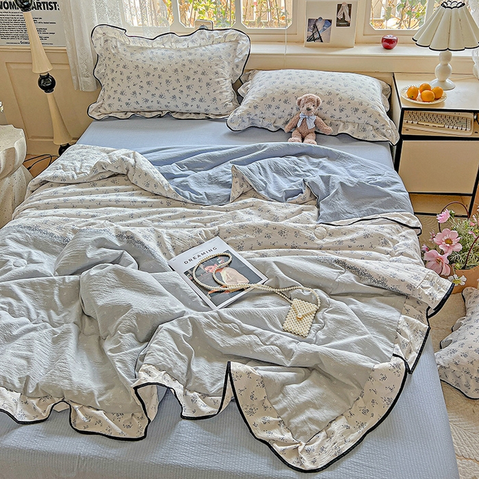 仟网汇 2025新款云感赫本风皱皱纱夏被四件套 赫本-蓝苏