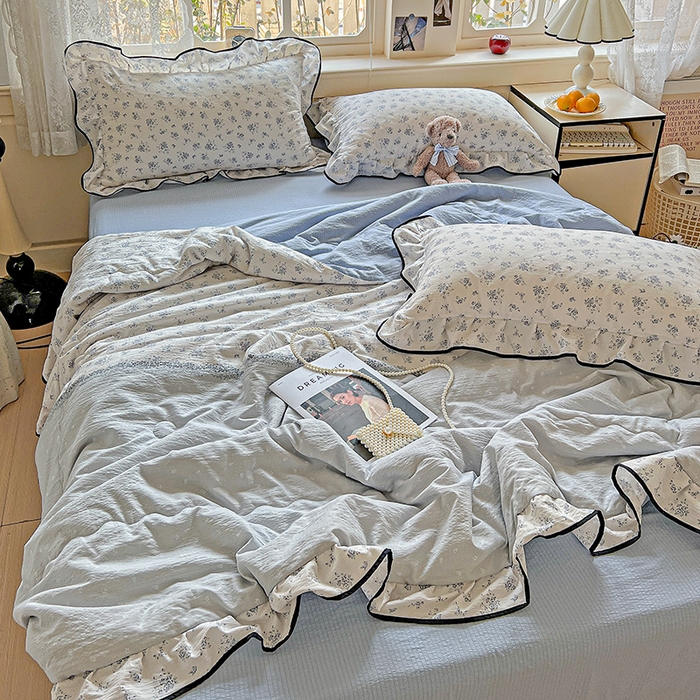 91家纺网 家纺一手货源 找家纺 仟网汇 2025新款云感赫本风皱皱纱夏被四件套 赫本-蓝苏