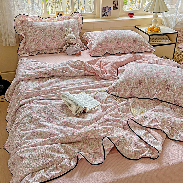 91家纺网 家纺一手货源 找家纺 仟网汇 2025新款云感赫本风皱皱纱夏被四件套 赫本-莫奈